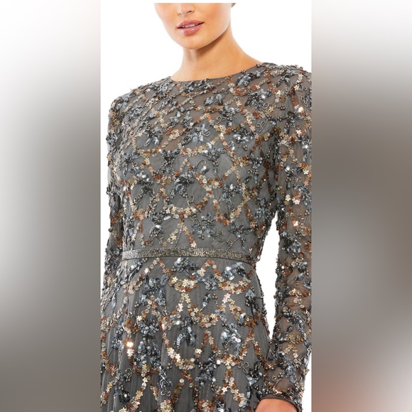 Lattice sequined illusion neckline long sleeve A-line gown - Picture 5 of 12